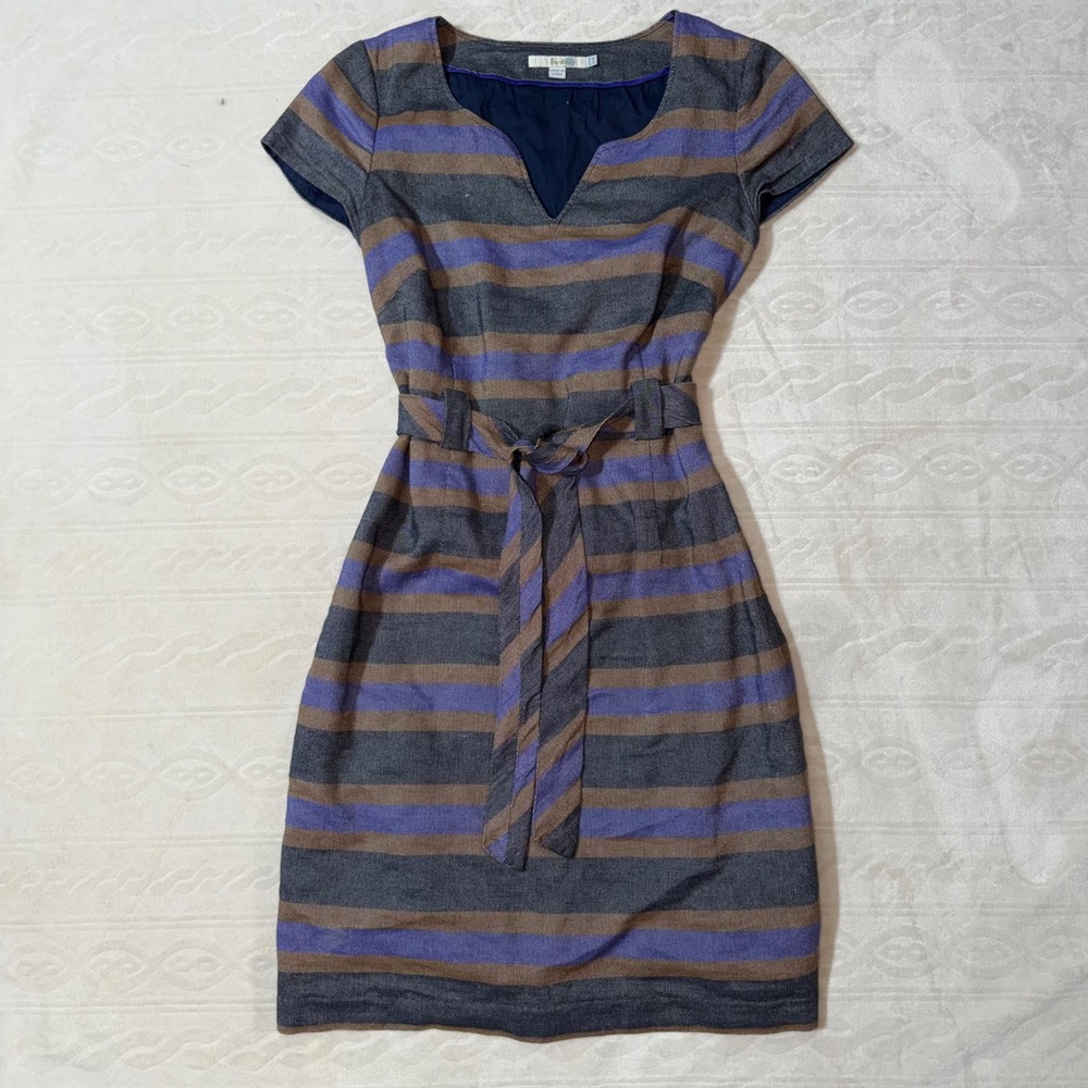 Boden Striped Notched V-neck linen blend dress with belt